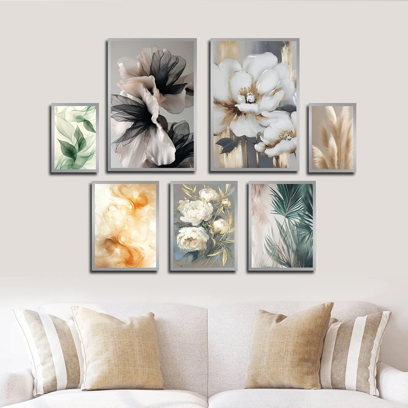 تابلو بکلیت طرح طبیعت و گل و برگ مدل SI-3320 فریم نقره ای مجموعه 7 عددی