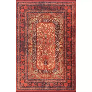 فرش ماشینی 1200 شانه زمینه لاکی حاشیه سبز مدل قجری