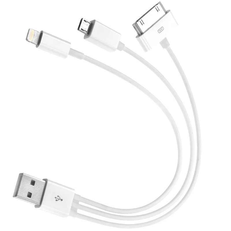 کابل سه شاخه کوتاه USB به microUSB، لایتنینگ و 30-پین مدل Three in One به طول 20 سانتی متر