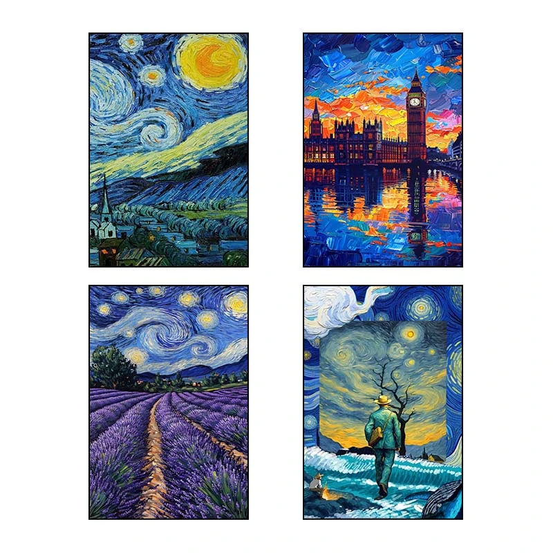 تابلو شاسي کارنيکا طرح شب پرستاره فانتزی ون‌گوگ Fantasy Starry Night Van Gogh کد 71536 مجموعه 4 عددی
