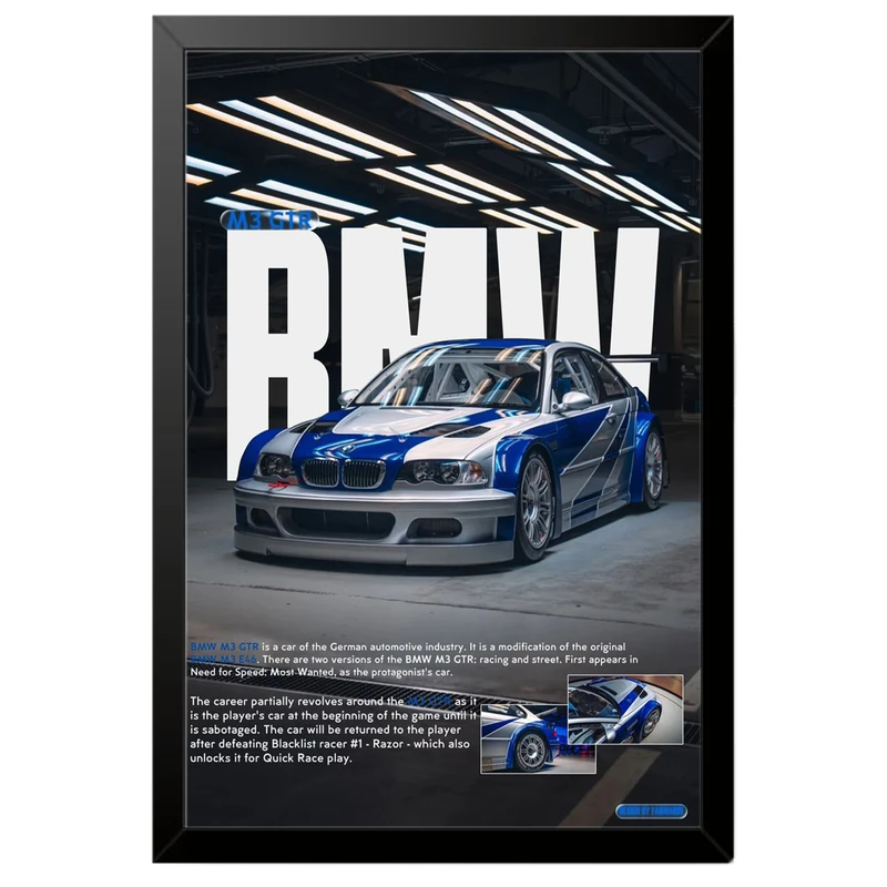 تابلو بکلیت طرح ماشین و خودرو بی ام و BMW M3 GTR NEED FOR SPEED MOST WANTED مدل B-po1876 فریم مشکی