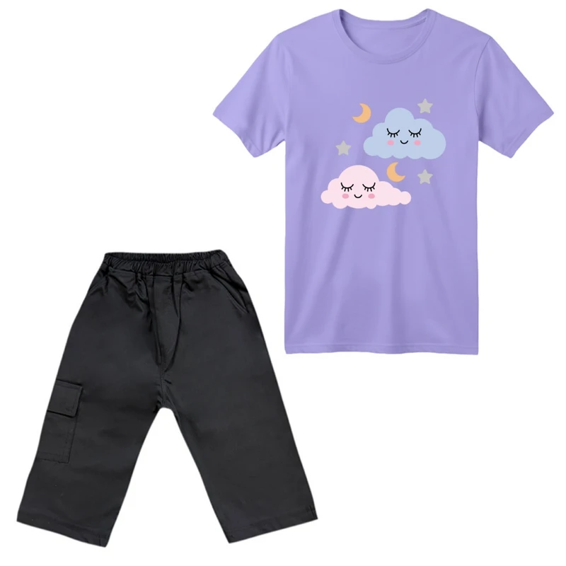 ست تی‌شرت آستین کوتاه و شلوارک دخترانه مدل ابر و ستاره