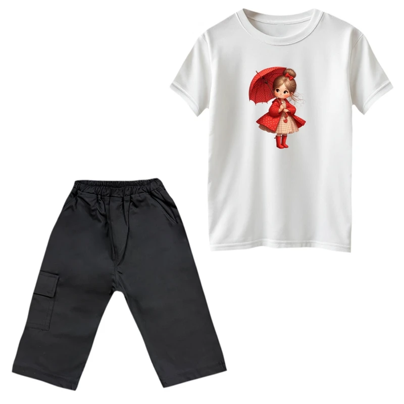 ست تی‌شرت و شلوارک دخترانه مدل دخترک و چتر رنگ سفید 