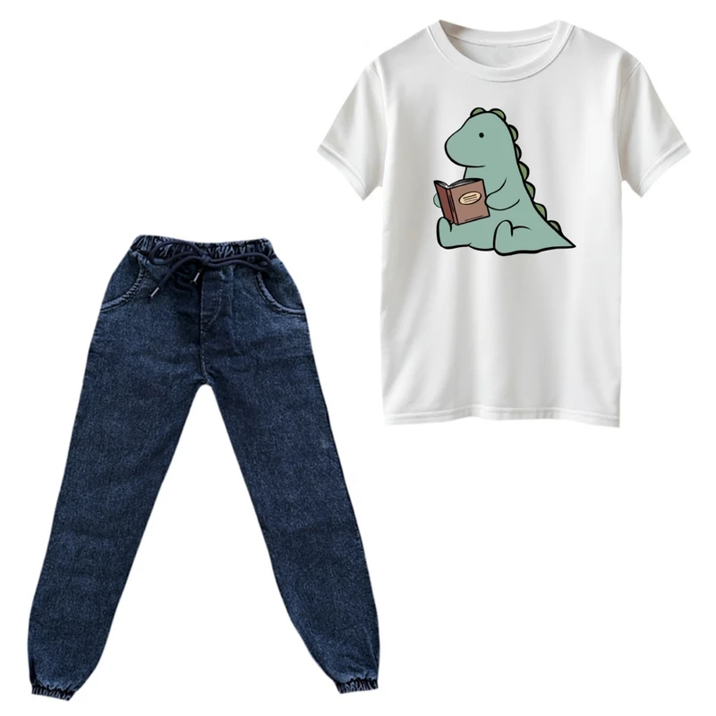 ست تی‌شرت و شلوار پسرانه مدل دایناسور و کتاب