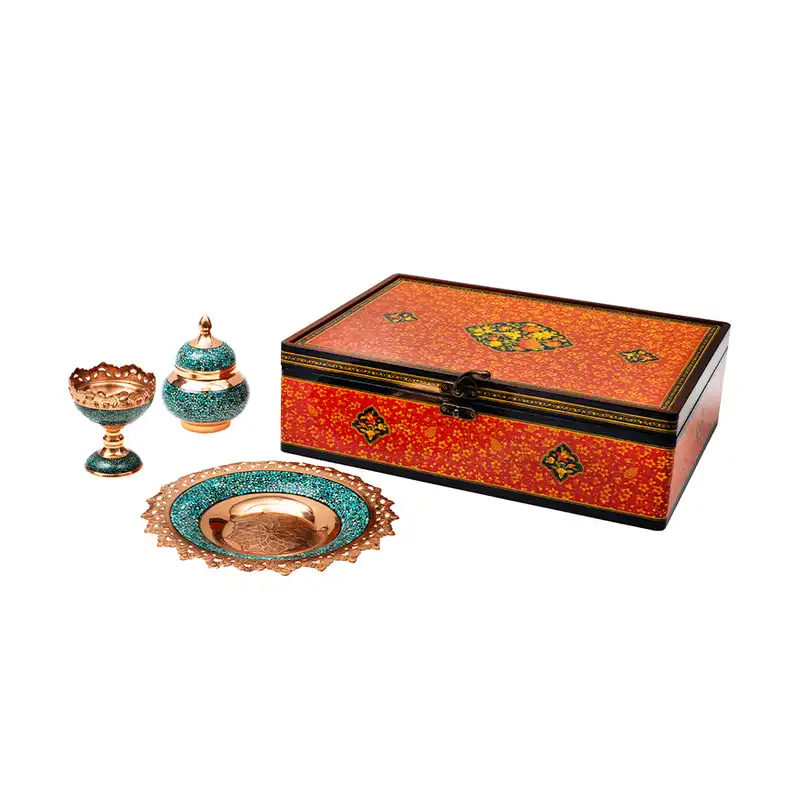 ست آجیلخوری، بشقاب و قندان فیروزهکوبی آرا هنر فاخر ایرانی مدل V102