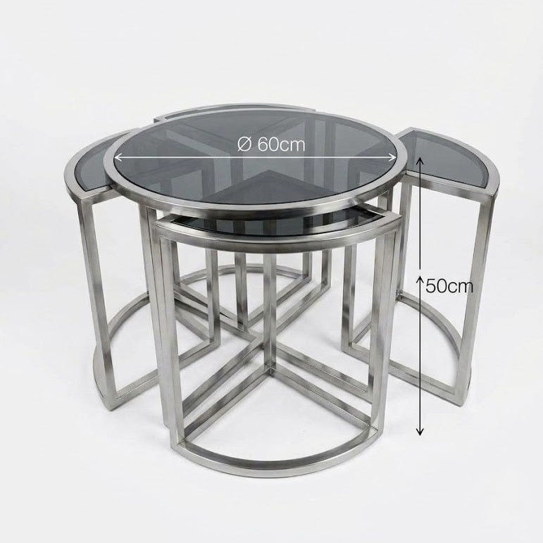 ست میز جلومبلی و عسلی دایره با پایه استیل و صفحه شیشه ای مدل S.002 مجموعه 5 عددی
