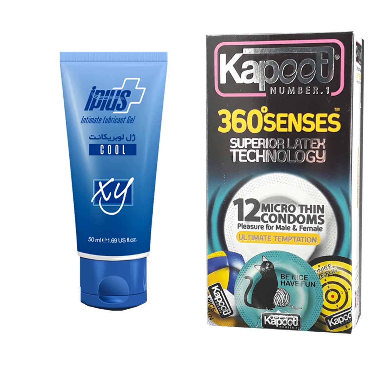 کاندوم کاپوت مدل 360 Senses بسته 12 عددی به همراه ژل آی پلاس مدل lubricant cool حجم 50 میلی لیتر