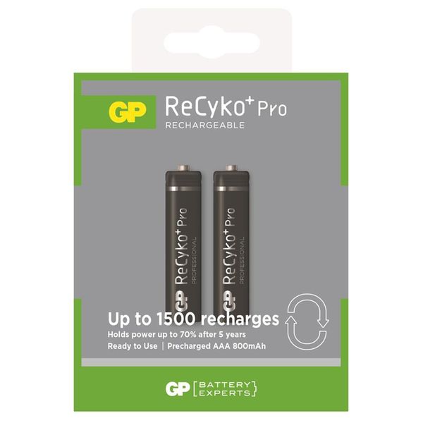 باتری نیم قلمی شارژی سایز AAA جی پی مدل ReCyko Plus Pro 800mAh بسته 2 عددی