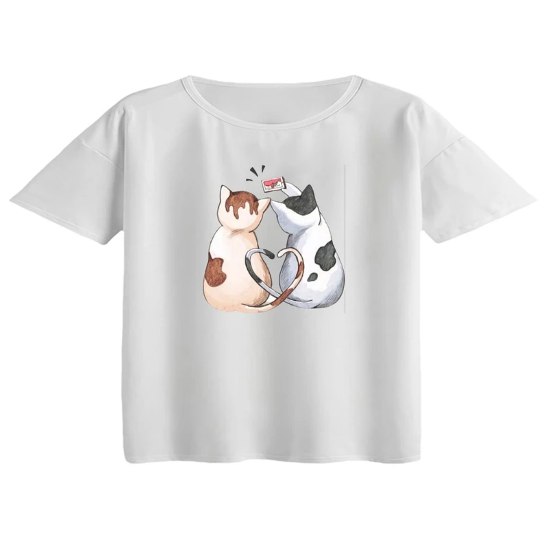 کراپ تی‌شرت آستین کوتاه زنانه مدل گربه های عاشق