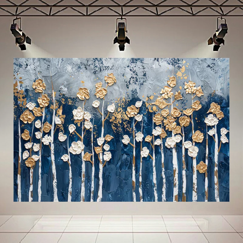 کاغذ دیواری طرح انتزاعی شاخه های طلایی مد گل سفید کد AR304447