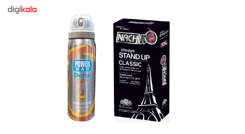 کاندوم ناچ مدل stand up بسته 12 عددی به همراه اسپری دلتا مدل nescafe