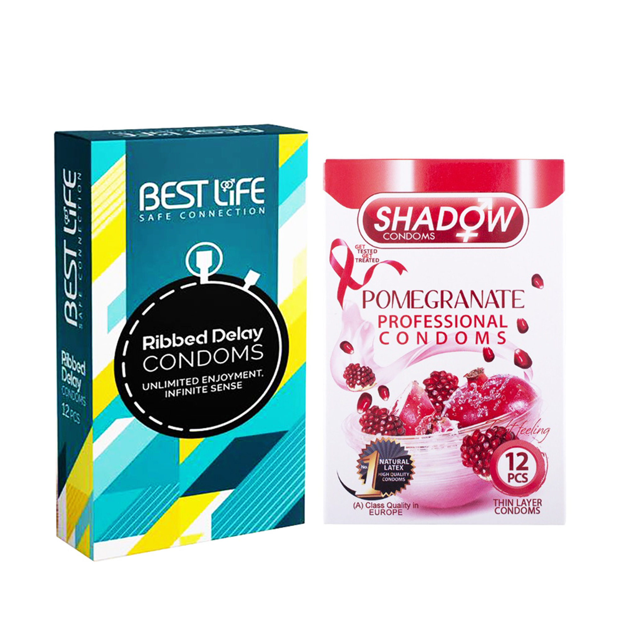 کاندوم بست لایف مدل Ribbed Delay بسته 12 عددی به همراه کاندوم شادو مدل Pomegranate بسته 12 عددی