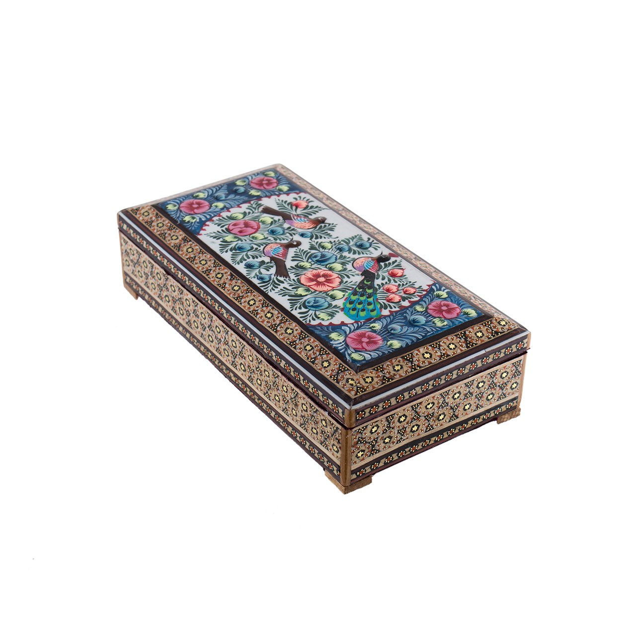 جعبه جواهر خاتم کاری  رستا طرح 14-16-101 با نقاشی گل و مرغ