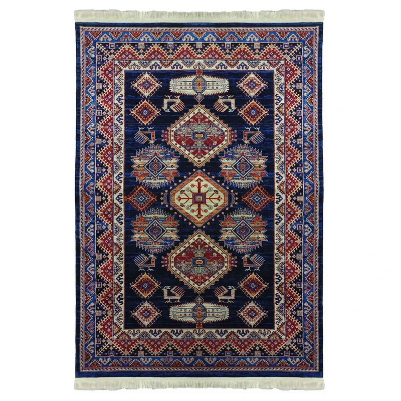 فرش ماشینی رادین طرح گبه فارس رنگ زمینه سورمه ای