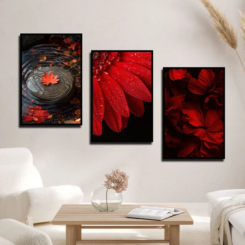 تابلو بکلیت طرح برگ پاییزی و گل قرمز مدل B-3059 مجموعه 3 عددی