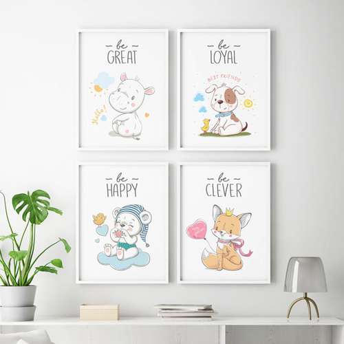 تابلو اتاق کودک سالی وود طرح سگ و روباه و خرس و اسب آبی کد T112530 مجموعه 4 عددی