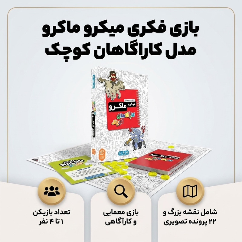 بازی فکری معمایی میکرو ماکرو مدل کاراگاهان کوچک، مناسب 1 تا 4 بازیکن، درجه سختی متوسط، حل 22 پرونده معمایی، تولید ایران و سبک با ابعاد 17×17×5 سانتی‌متر