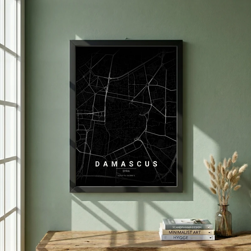 تابلو طرح نقشه شهر دمشق مدل G16602 فریم مشکی