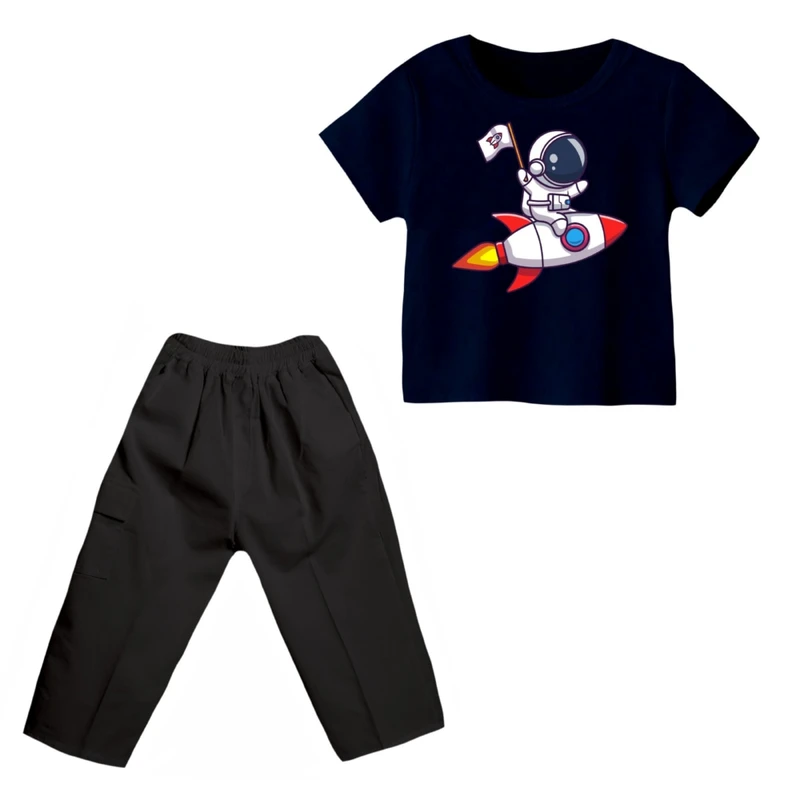 ست تی شرت و شلوارک پسرانه مدل فضانورد کد 17 رنگ سرمه ای