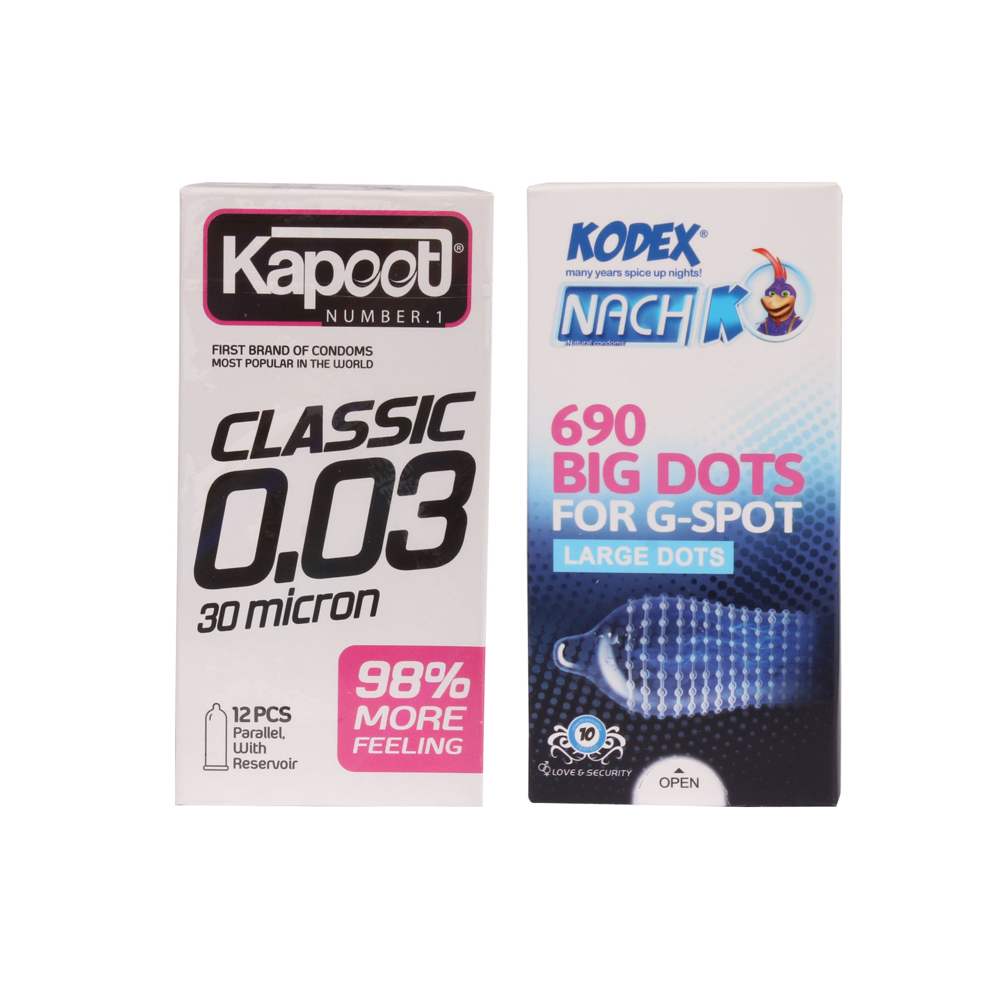 کاندوم کاپوت مدل Classic0.03 بسته 12 عددی به همراه کاندوم ناچ کدکس مدل 690 Big dots بسته 10 عددی