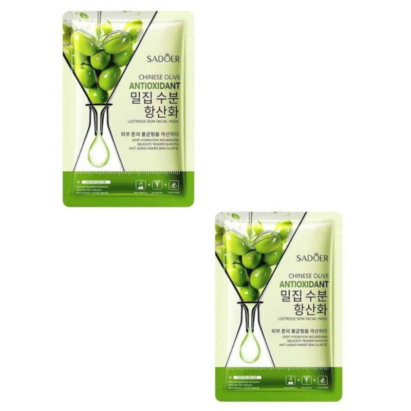 ماسک صورت سادور مدل زیتون حجم 25 میلیلیتر جوانکننده، درخشانکننده، حاوی هیارونیک اسید، مناسب انواع پوست مجموعه 2 عددی