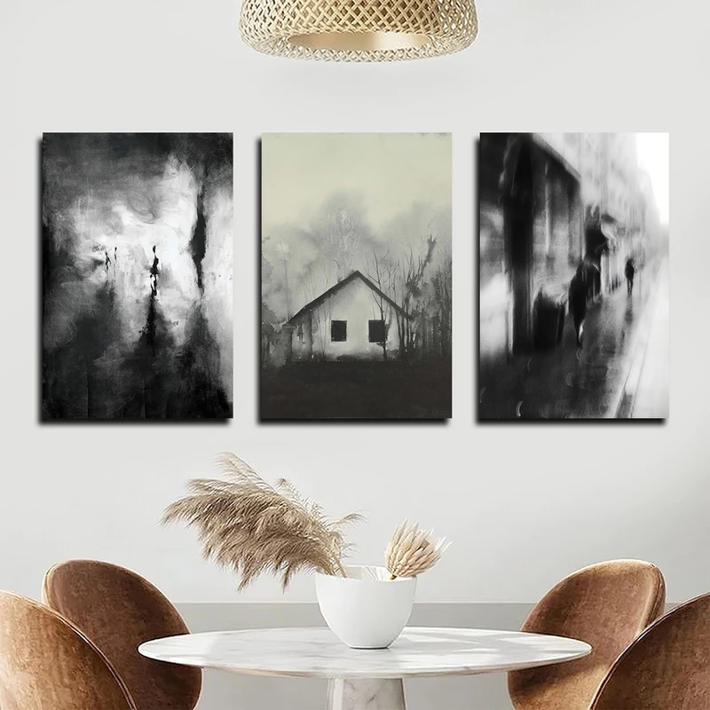 تابلو شاسی بکلیت طرح سیاه قلم جنگل و مه مدل SH-2420 مجموعه 3 عددی