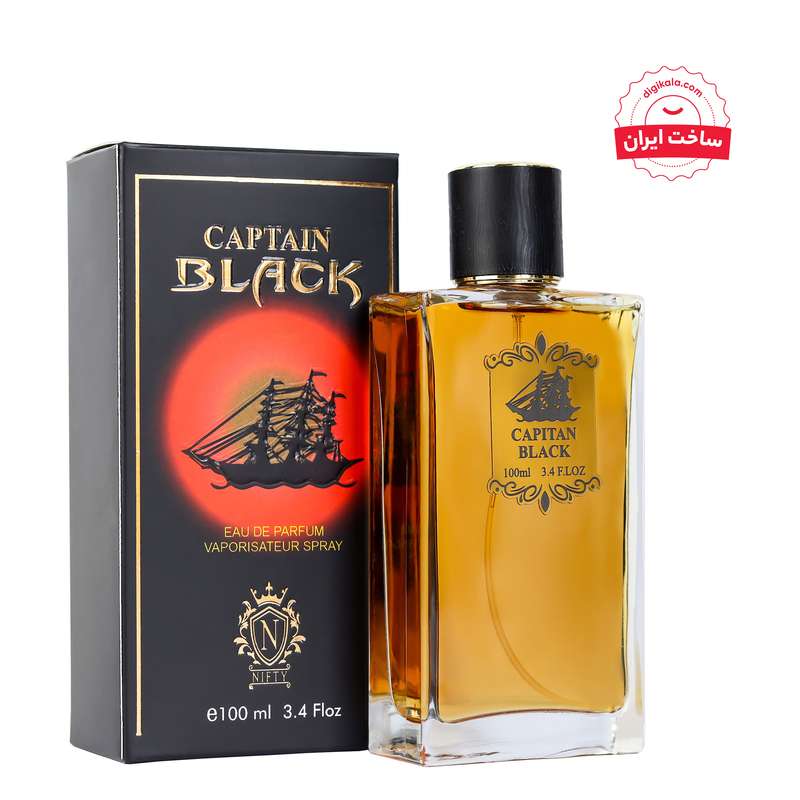 ادوپرفیوم مردانه نیفتی، مدل کاپیتان بلک با حجم 100 میلی‌لیتر و رایحه گرم، با ماندگاری و پخش بو بالا، مناسب تمام فصول، نت آغازین توتون ویژه کاپیتان بلک، نت میانی گیاهان جنگلی، نت پایانی چوب صندل، تونکا