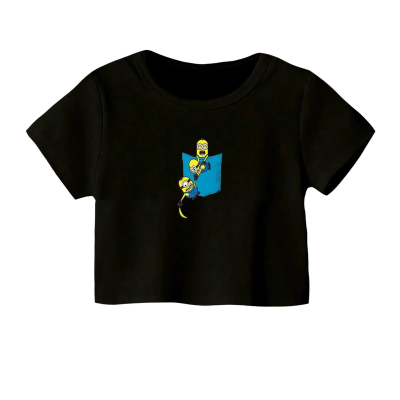 کراپ‌ تی‌شرت آستین کوتاه زنانه مدل مینیون جیبی