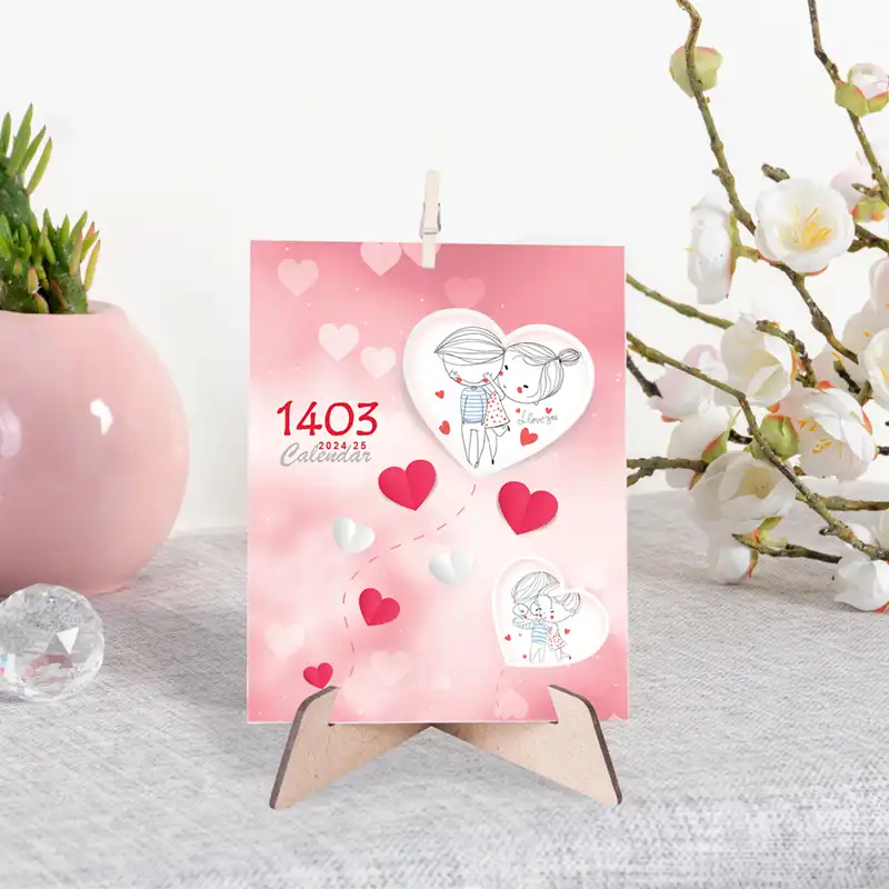 تقویم رومیزی سال 1403 طرح نقاشی مدل پایه چوبی کد S01