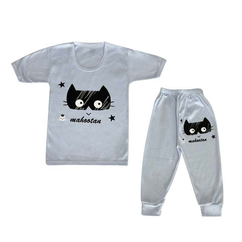 ست تی شرت آستین کوتاه  و شلوار نوزادی مدل گربه نقاب دار