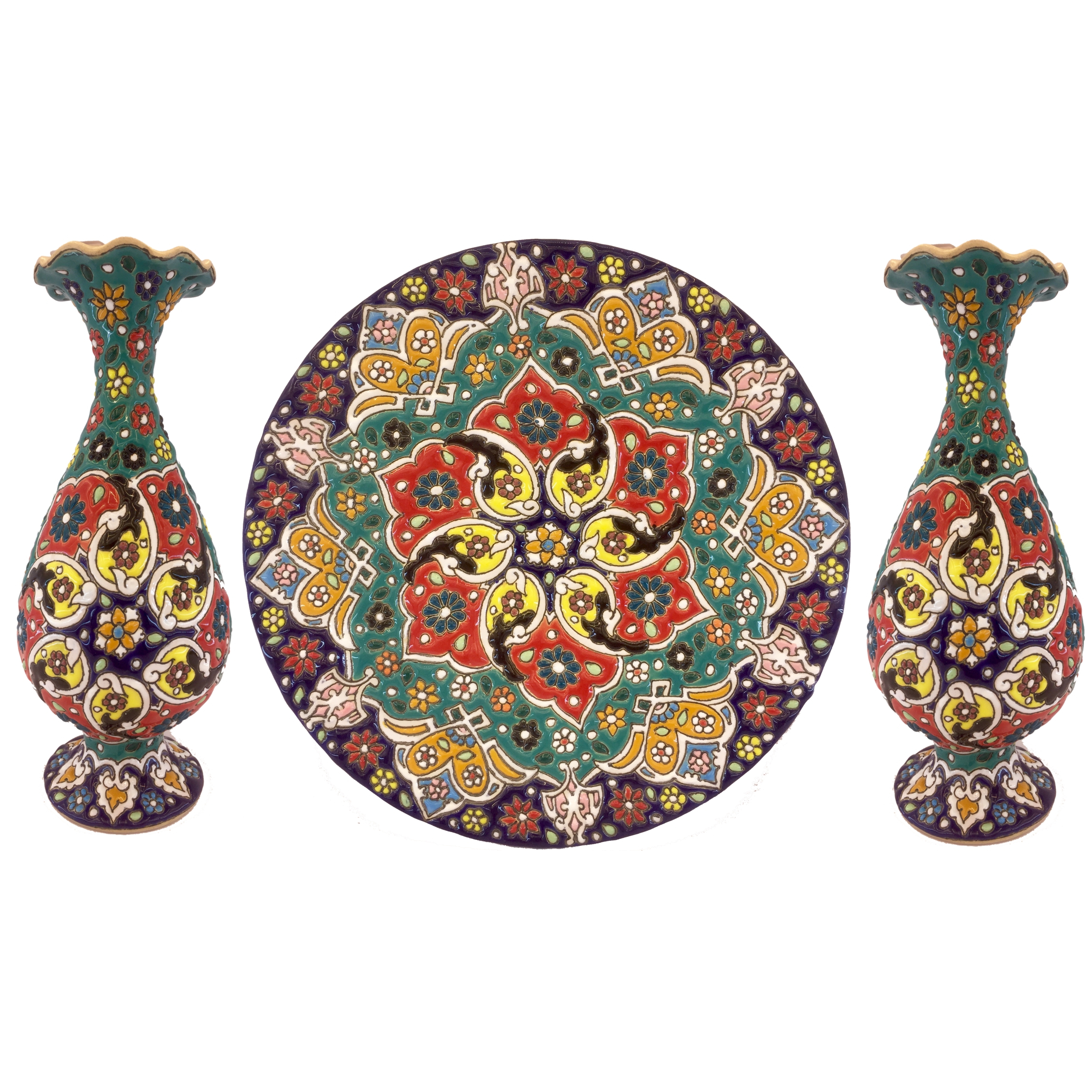 ست سه تکه گلدان و بشقاب میناکاری زمانیان کد zmn21039