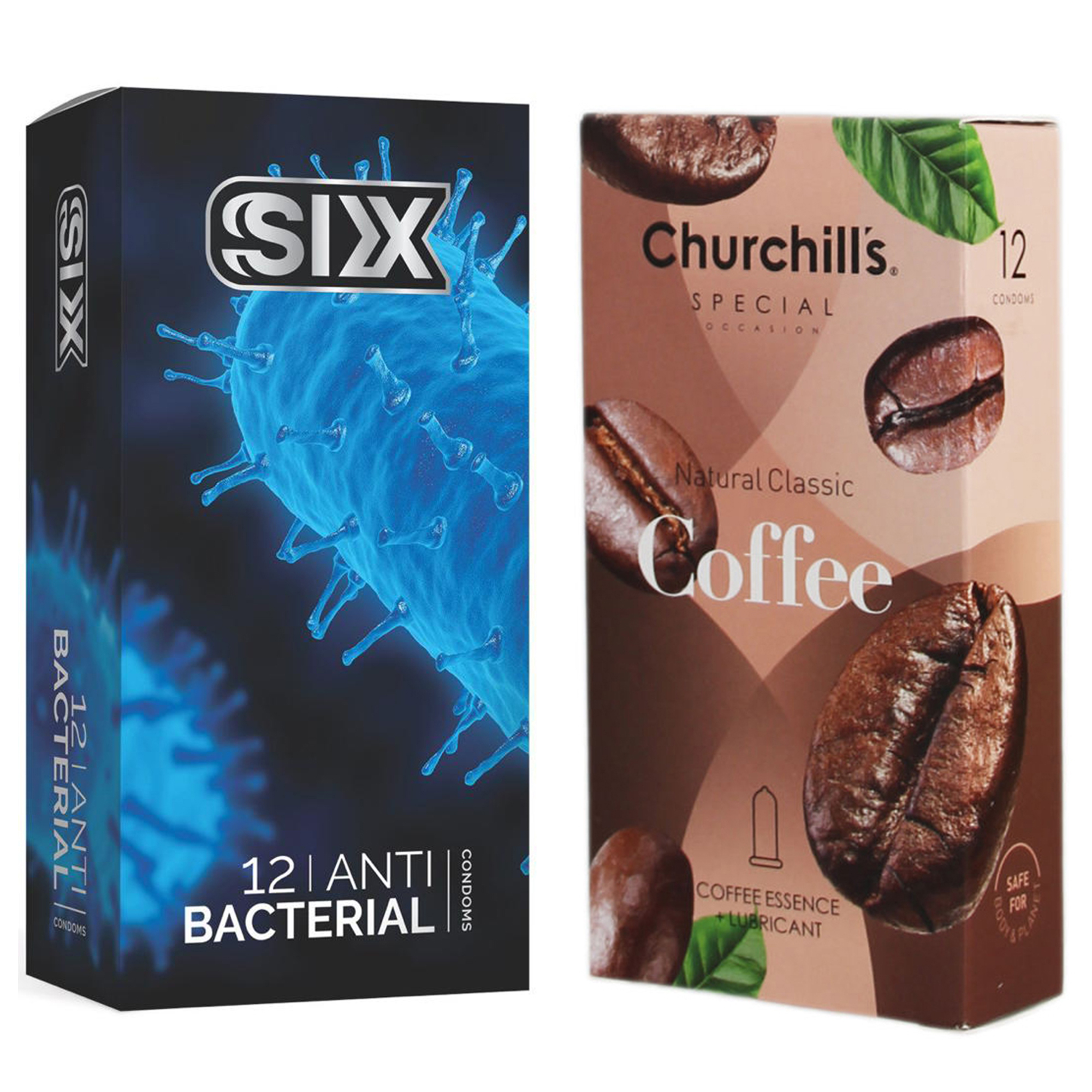 کاندوم چرچیلز مدل Coffee بسته 12 عددی به همراه کاندوم سیکس مدل آنتی باکتریال بسته 12 عددی 