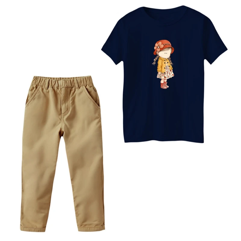 ست تی‌شرت و شلوار دخترانه مدل دخترک پاییزی کد 01 رنگ سرمه ای