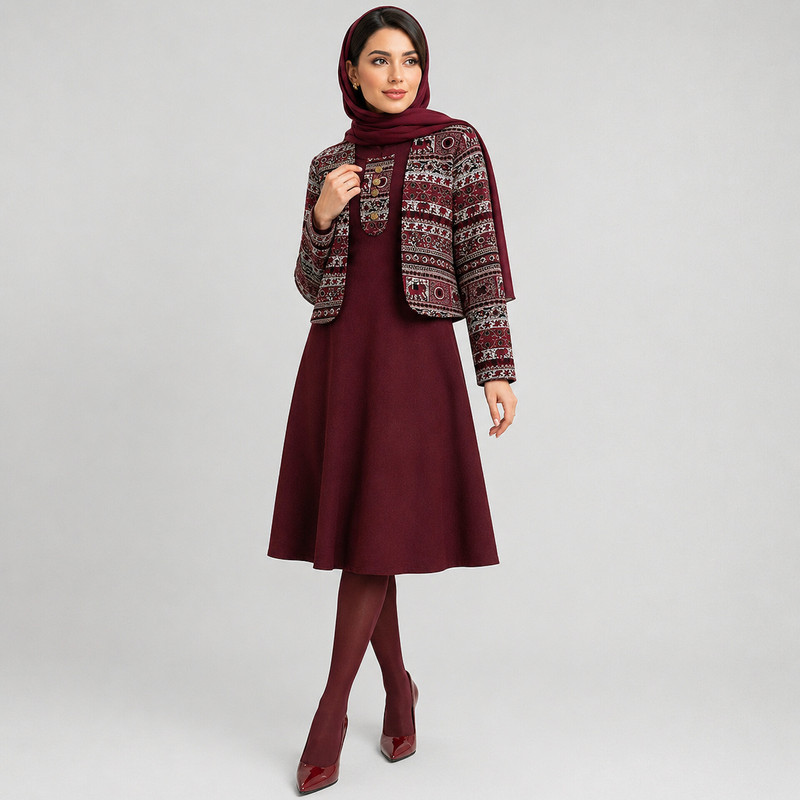 ست کت و سارافون زنانه مخمل کبریتی طرح اسلیمی مدل وینورا کد 5826