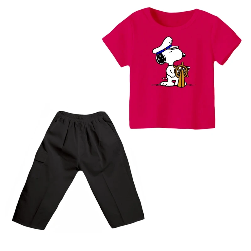 ست تی شرت و شلوارک پسرانه مدل اسنوپی کد ۳۹ رنگ سرخابی