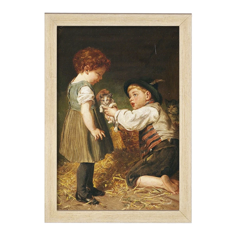 تابلو خندالو مدل نقاشی دو بچه با گربه ها اثر فلیکس شلزینگر کد F12311