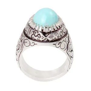 انگشتر نقره مردانه بازرگانی میلادی مدل سنگ فیروزه نیشابور رکاب قلم رنی کد AM_2014