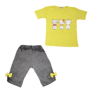 ست تی شرت آستین کوتاه و شلوارک دخترانه مدل سه گربه