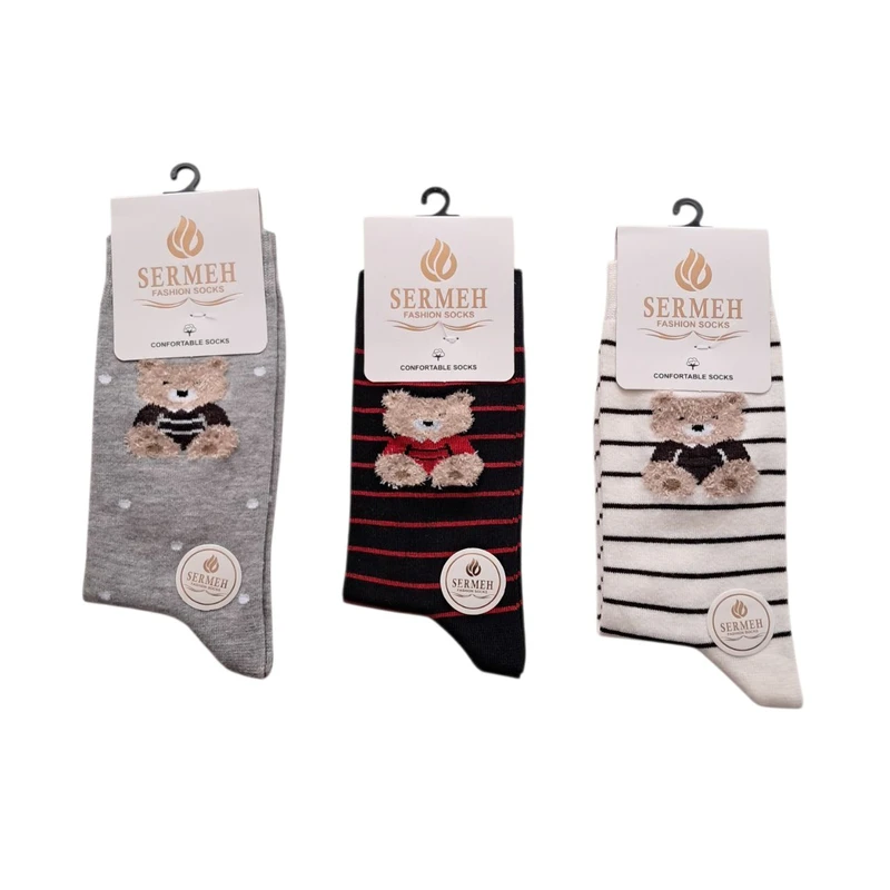 جوراب ساق بلند زنانه مدل خرسی کد ۲ بسته 3 عددی