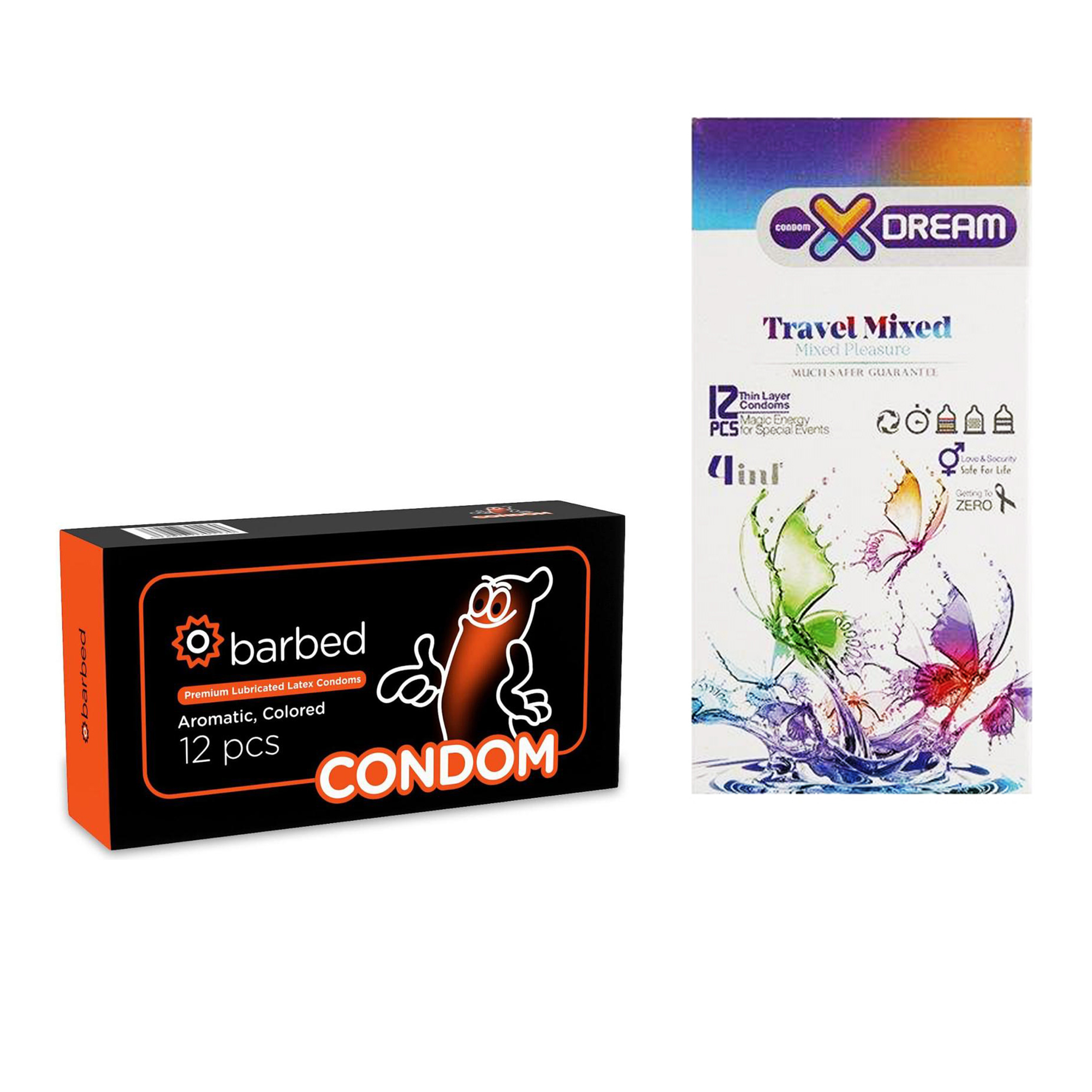 کاندوم ایکس دریم مدل Travel Mixed بسته 12 عددی به همراه کاندوم کاندوم مدل Barbed بسته 12 عددی