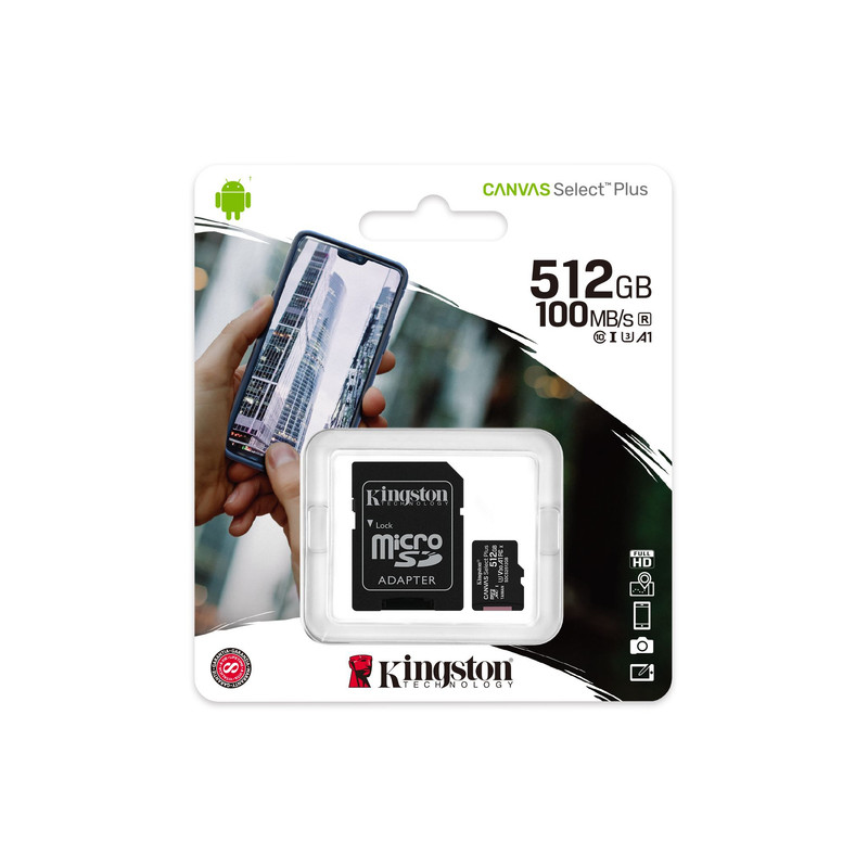 کارت حافظه microSDXC کینگستون مدل CANVAS کلاس 10 استاندارد UHS-1 U3 سرعت 100MBps ظرفیت 512 گیگابایت همراه با آداپتور SD