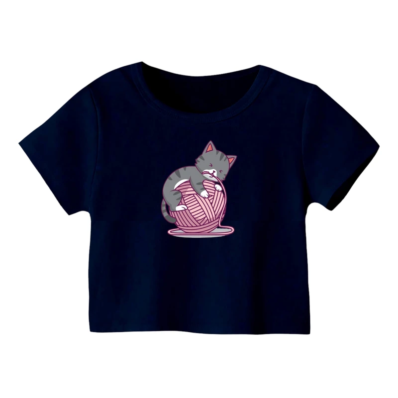 کراپ‌ تی‌شرت آستین کوتاه زنانه مدل گربه کد ۲ رنگ سورمه ای