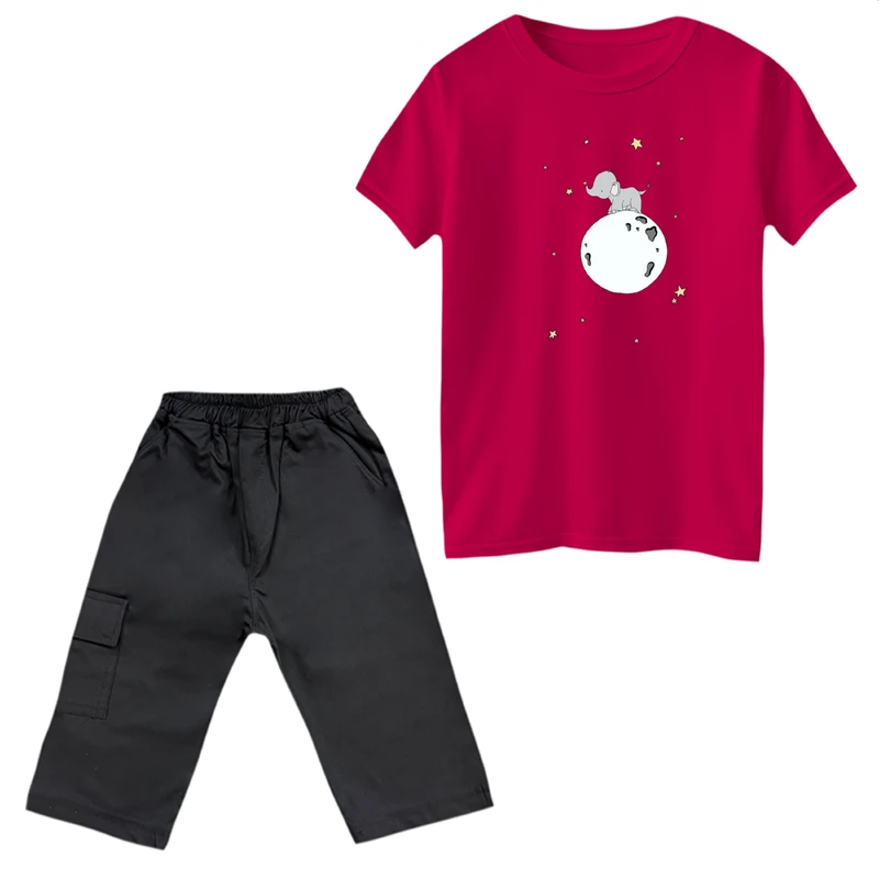 ست تی‌شرت آستین کوتاه و شلوارک دخترانه مدل فیل و جهان