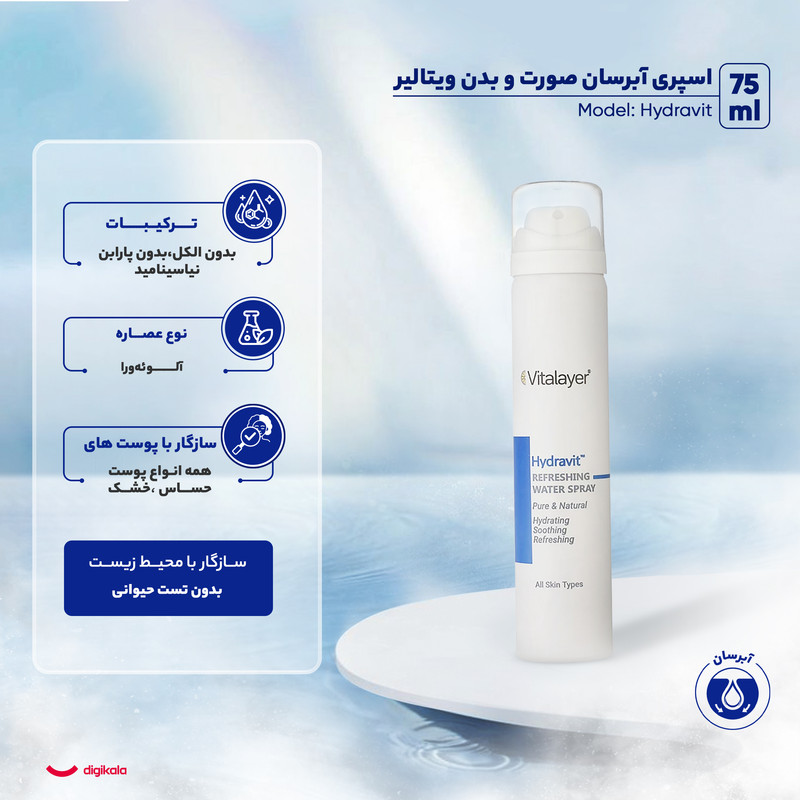 اسپری آبرسان صورت و بدن ویتالیر مدل Hydravit مناسب برای انواع پوست حجم 75 میلی لیتر