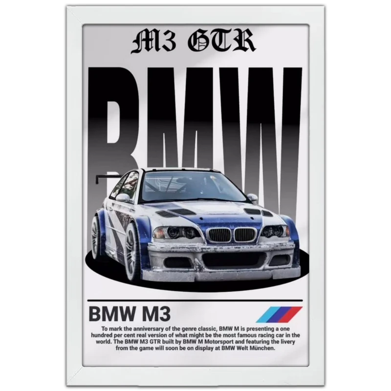 تابلو بکلیت طرح ماشین و خودرو بی ام و BMW M3 GTR NEED FOR SPEED MOST WANTED مدل W-po1667 فریم سفید