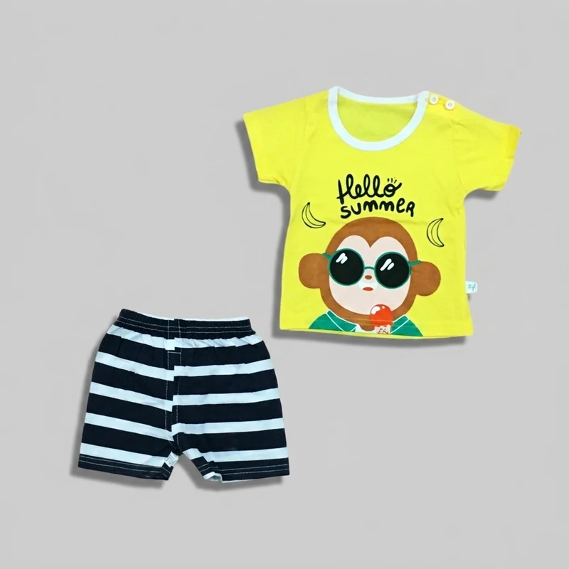 ست تی شرت و شلوارک نوزاد پسرانه نخی 2 تکه مدل Hello Summer