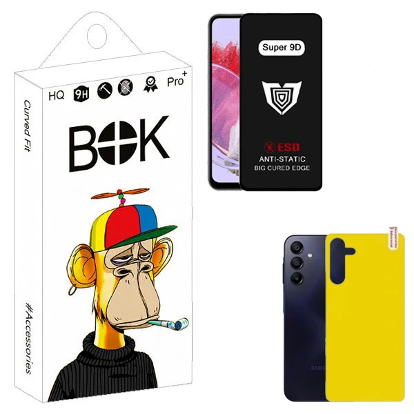 محافظ صفحه نمایش بوک مدل Super 9D Guard مناسب برای گوشی موبایل سامسونگ galaxy a15 به همراه محافظ پشت گوشی