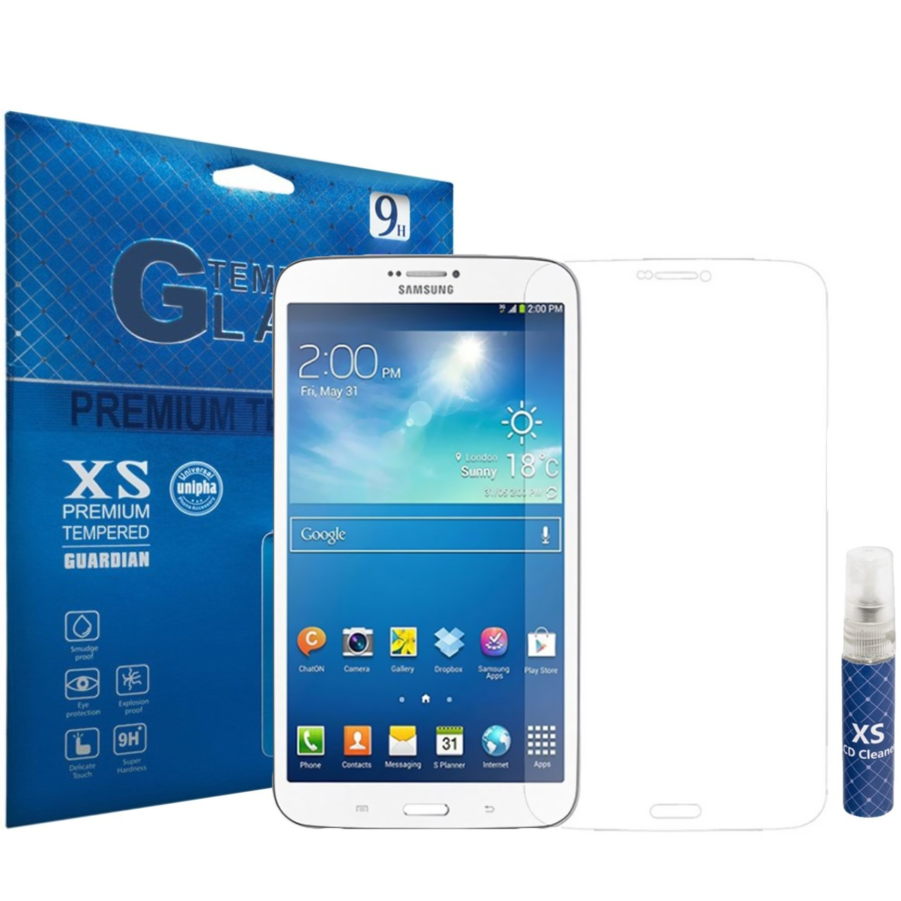 محافظ صفحه نمایش شیشه ای ایکس اس مدل تمپرد مناسب برای تبلت سامسونگ Galaxy Tab 3 8.0 به همراه اسپری پاک کننده صفحه XS