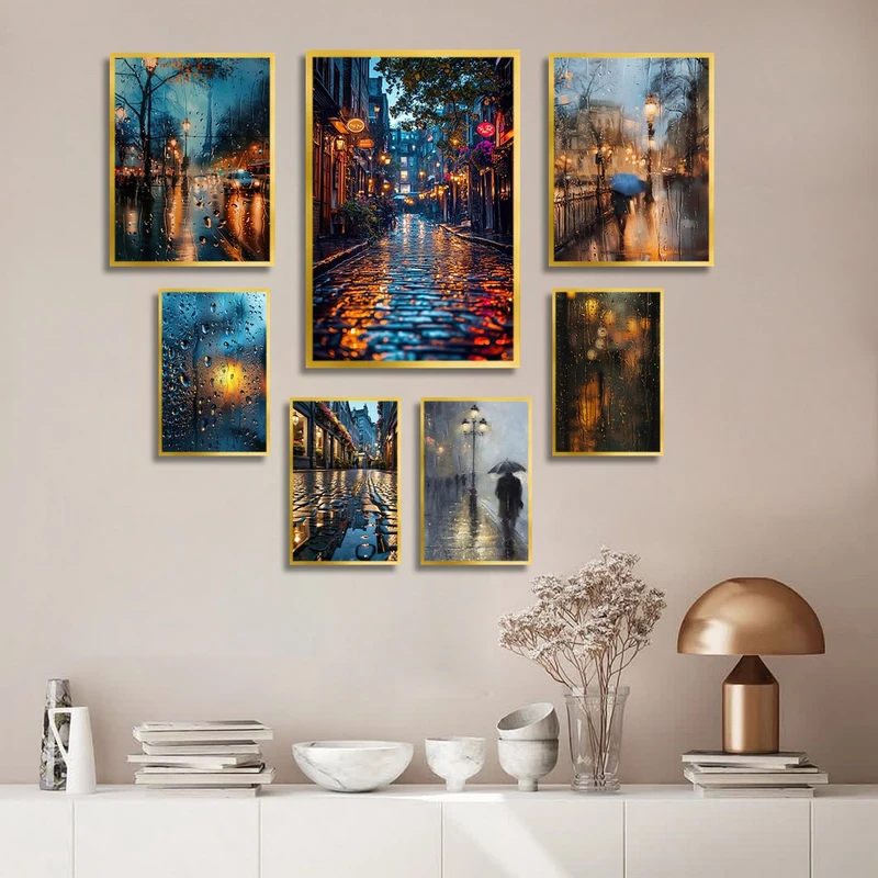 تابلو ساده بکلیت طرح نقاشی رنگ روغن منظره شهر و باران مدل شاین اکلیلی T-3047 فریم طلایی مجموعه 7 عددی