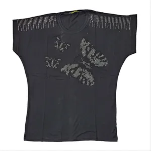 تی شرت آستین کوتاه زنانه مدل یقه گرد نگین دار طرح پروانه کد BLA4454